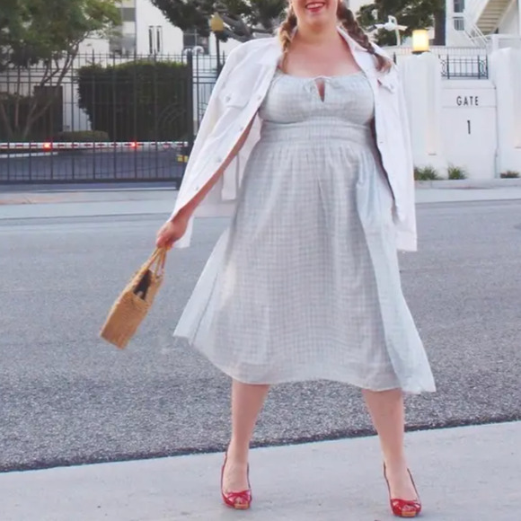 Tory Burch Blue White Gingham Beach Midi Dress MEDIUM Dorthy Ruffle Cottage $298 - Picture 5 of 9